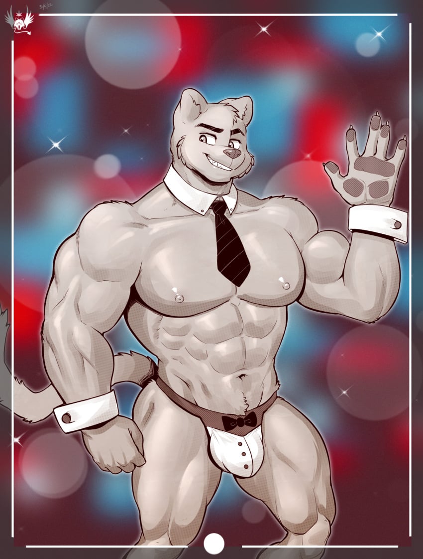 2022 5_fingers abs anthro biceps black_necktie bulge clothing domestic_cat eldiman felid feline felis fingers hi_res male mammal muscular muscular_anthro muscular_male navel necktie nipples pecs teeth underwear