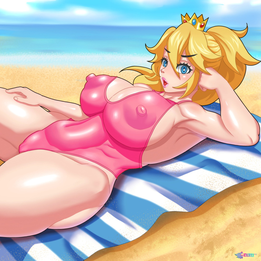 1girls alternate_version_available armpits beach big_breasts big_lips blonde_hair blue_eyes breasts crown erect_nipples female female_only garuman22 hair headwear huge_breasts lips lipstick mario_(series) nintendo nipples_visible_through_clothing one-piece_swimsuit pink_lips pink_lipstick pink_swimsuit ponytail princess_peach sexy_armpits solo solo_female swimsuit swimwear thick_lips thick_thighs thighs