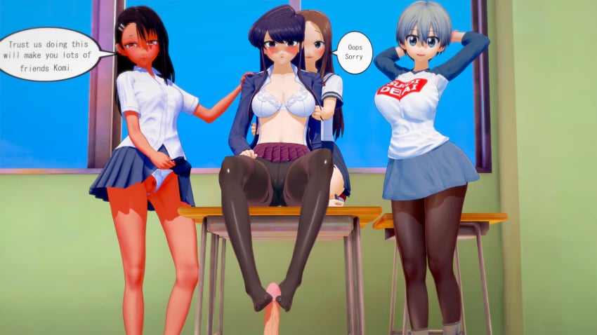 1boy 3d 3d_(artwork) 4girls big_breasts black_hair cameltoe crying dialogue english_text female female_focus flashing foot_fetish footjob hayase_nagatoro karakai_jouzu_no_takagi-san komi-san_wa_komyushou_desu komi_shouko laughing looking_at_viewer looking_down male multiple_girls open_shirt panties_aside pantyhose please_don't_bully_me,_nagatoro pov robotlover sitting skirt_lift speech_bubble standing surprised surprised_expression takagi-san tanned_skin text text_bubble underwear upskirt uzaki-chan_wa_asobitai! uzaki_hana