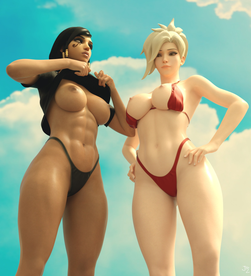 2girls 3d abs beach big_breasts bikini black_hair blonde blonde_female blonde_hair breasts breasts_out brown_eyes butt checking_out clouds dark-skinned_female duo exposed_breasts exposed_nipples female female_only hi_res highres johntwo lesbian looking_at_another looking_at_breasts looking_at_partner looking_down mercy nipples overwatch pale-skinned_female pale_skin pharah shirt_lift tan-skinned_female tan_skin undressing yuri