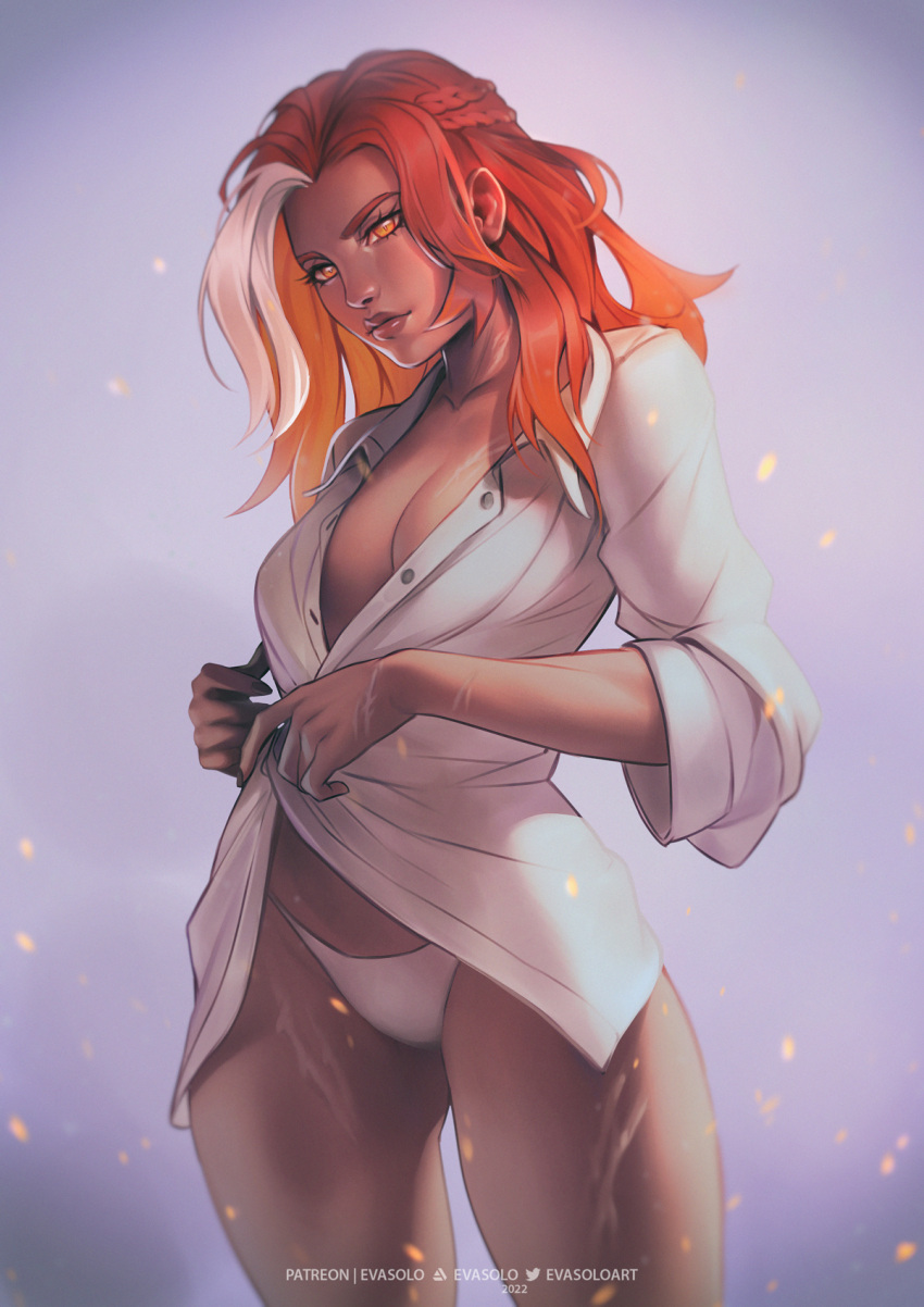 artist_name borrowed_character braid breasts buttons collared_shirt commentary dark-skinned_female dark_skin dress_shirt english_commentary evasolo expressionless female highres large_breasts lips long_hair looking_at_viewer multicolored_hair no_pants orange_eyes orange_hair original panties red_hair scar scar_on_arm scar_on_breasts scar_on_leg shirt solo standing twitter_logo two-tone_hair underwear white_panties white_shirt wide_sleeves