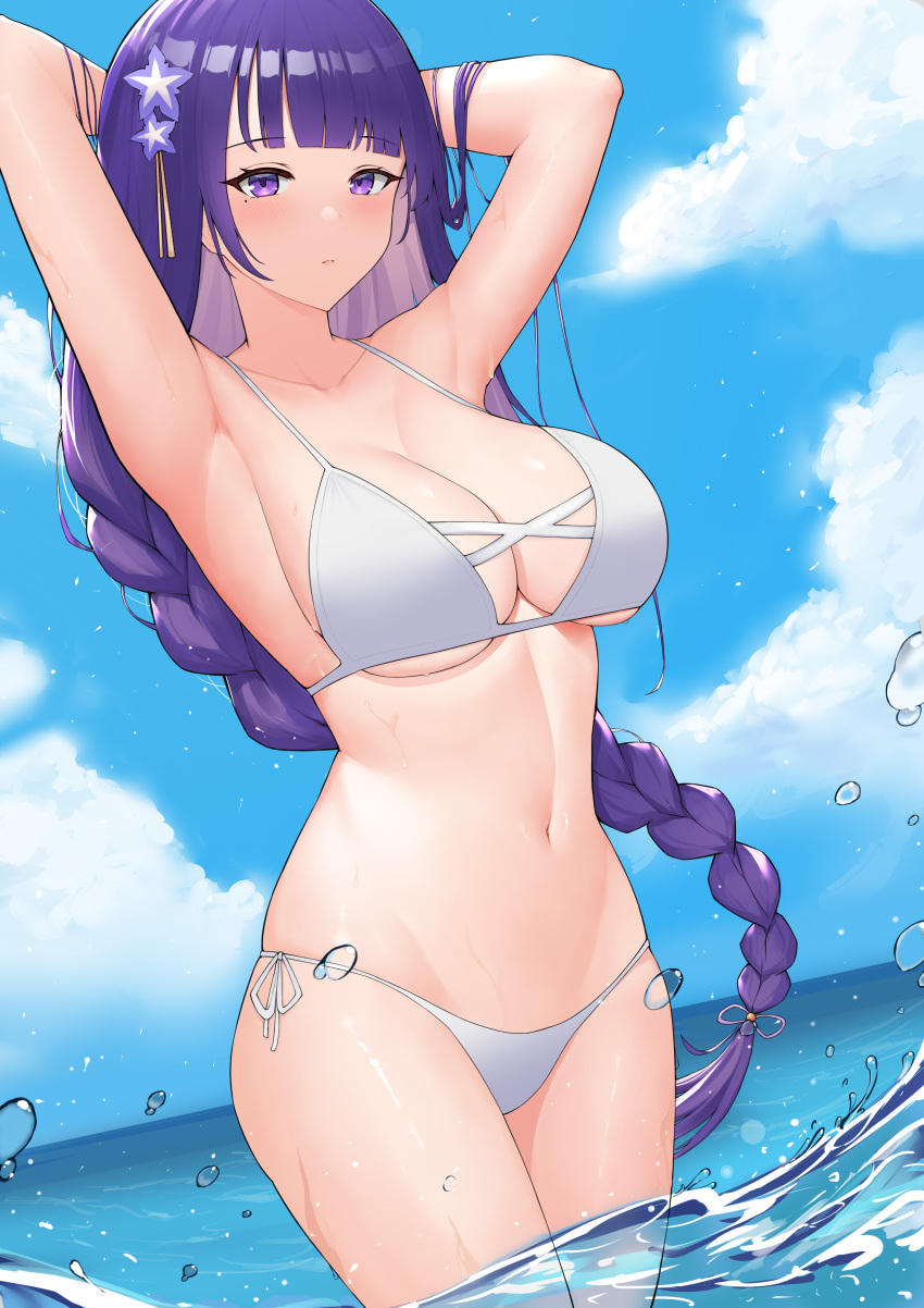 1girls big_breasts bikini bikini_bottom bikini_top braid breasts cleavage female female_only genshin_impact hair hair_ornament hands_behind_head huge_breasts long_hair mature mature_female mole mole_under_eye purple_eyes purple_hair raiden_shogun solo solo_female swimsuit swimwear thighs uka_(315302627) water white_bikini