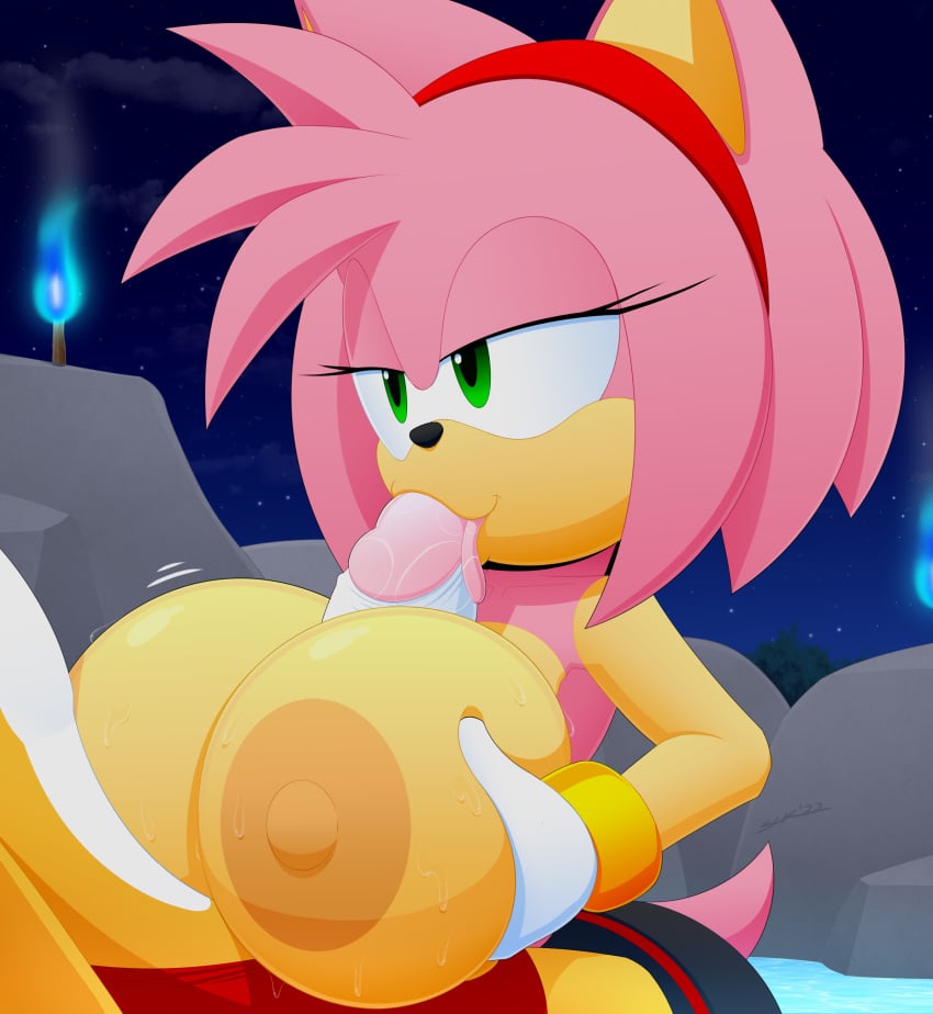 absurd_res amy_rose anthro areola bedroom_eyes big_breasts bottomwear bracelet breast_play breasts clothed clothing duo erection eulipotyphlan fellatio female genitals gloves green_eyes hair hand_on_breast handwear hedgehog hi_res huge_breasts jewelry licking male male/female mammal multicolored_body narrowed_eyes nipples oral paizuri penile penis penis_lick pink_hair seductive sega sex shorts slickehedge sonic_(series) sonic_the_hedgehog_(series) tails tan_areola tan_nipples tongue tongue_out topless two_tone_body