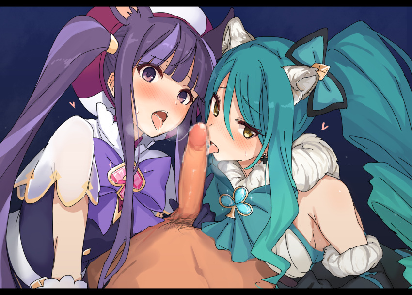 1boy 2girls animal_ears blue_hair blush clothed_female_nude_male club_(shape) collaborative_fellatio fellatio green_eyes hair_ribbon hat kasumi_(princess_connect!) mobu multiple_girls nude oral princess_connect! pubic_hair purple_eyes purple_hair ribbon shiori_(princess_connect!) short_sleeves spade_(shape) teamwork