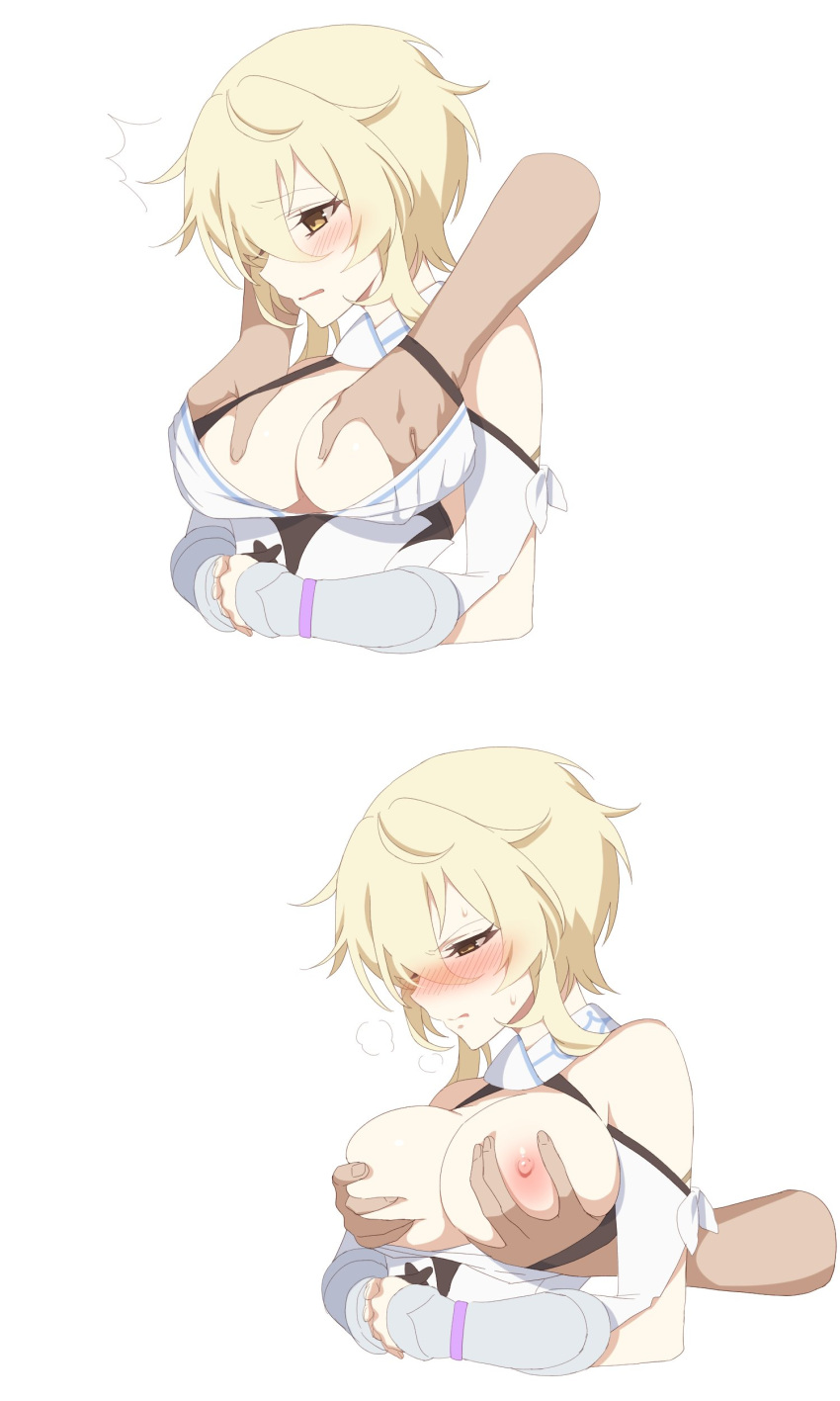 big_breasts blonde_hair blush breast_grab breasts breasts_out disembodied_hand genshin_impact grabbing_breasts grabbing_from_behind ia_(ias1010) lumine_(genshin_impact) nipples white_background white_dress yellow_eyes