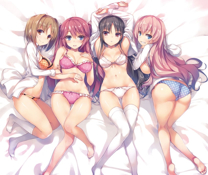 4girls absurdres armpits arms_up ass bangs bare_arms bare_legs bare_shoulders barefoot bed_sheet belly_button black_hair blue_eyes blue_panties blush bow bow_bra bow_panties bra breasts brown_hair classroom_of_the_elite closed_mouth frilled_bra frilled_panties frills grin groin hand_on_own_chest highres horikita_suzune ichinose_honami_(cote) kneehighs kushida_kikyou long_hair long_sleeves looking_at_viewer lying medium_breasts multiple_girls navel official_art on_back on_side on_stomach open_clothes open_shirt orange_bra orange_panties panties parted_lips pink_bra pink_hair pink_panties polka_dot polka_dot_panties posing_for_the_viewer red_eyes sakura_airi shiny shiny_hair shiny_skin shirt short_hair smile socks soles stomach thigh_gap thighhighs thighs tied_hair toes tomose_shunsaku twintails unbuttoned_shirt underwear underwear_only white_bra white_legwear white_panties white_shirt youkoso_jitsuryoku_shijou_shugi_no_kyoushitsu_e