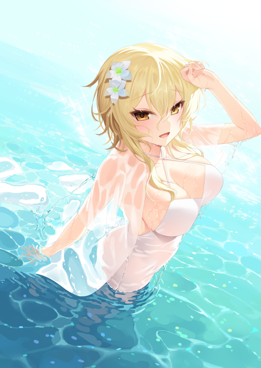 arm_up armpits arms_behind_head big_breasts blonde_hair breasts flower flower_in_hair genshin_impact hair_ornament ia_(ias1010) lumine_(genshin_impact) orange_eyes water wet_clothes white_dress wide_hips