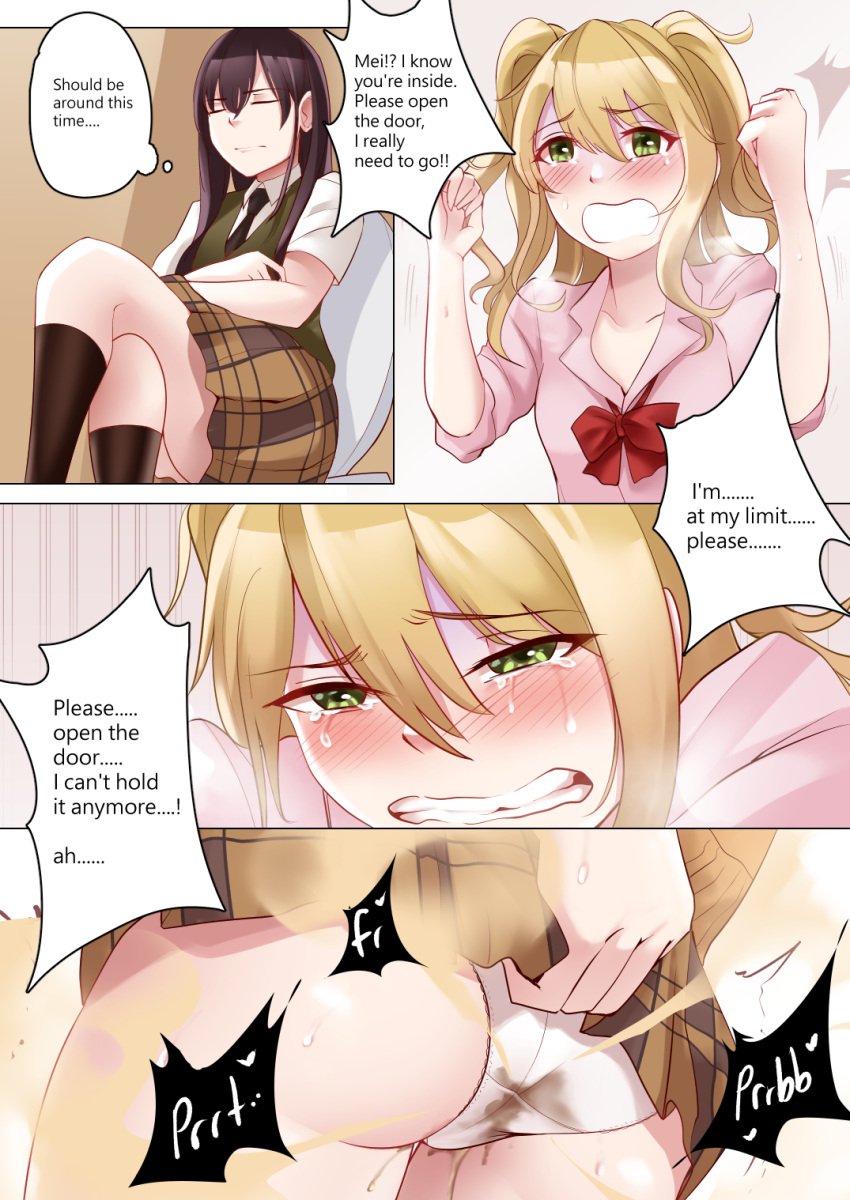 2girls aihara_mei aihara_yuzu bathroom_control begging black_hair blonde_hair blush bow citrus_(saburouta) comic crying desperation fart fart_cloud female female_only green_eyes imminent_scat multiple_girls panties scat_desperation shart shumiao skirt soiling soiling_underwear text_bubble tie