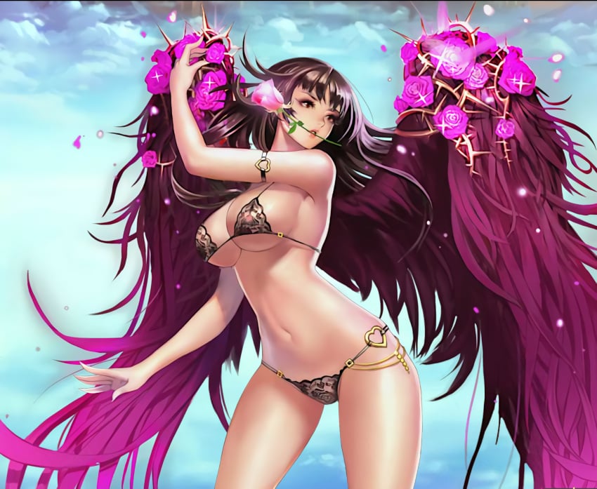 1girls big_breasts black_bikini black_panties flower_in_mouth love_cacao rose wings