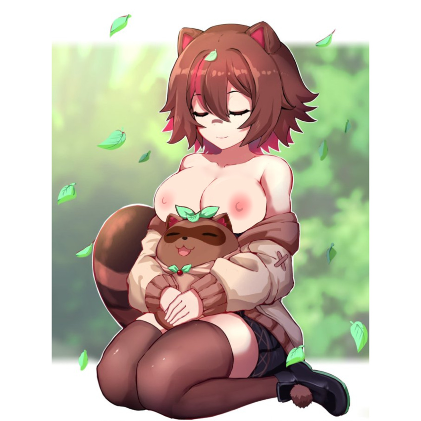 animal bandaid breast_squeeze breasts breasts_out brown_hair chibi closed_eyes ears female female_focus female_human female_only latam_virtual_youtuber nipples owozu poorly_tagged raccoon raccoon_ears raccoon_tail rakkun slash-ex sweater tagme tail third-party_edit virtual_youtuber vtuber vtuberfanart youtube_hispanic youtuber_girl