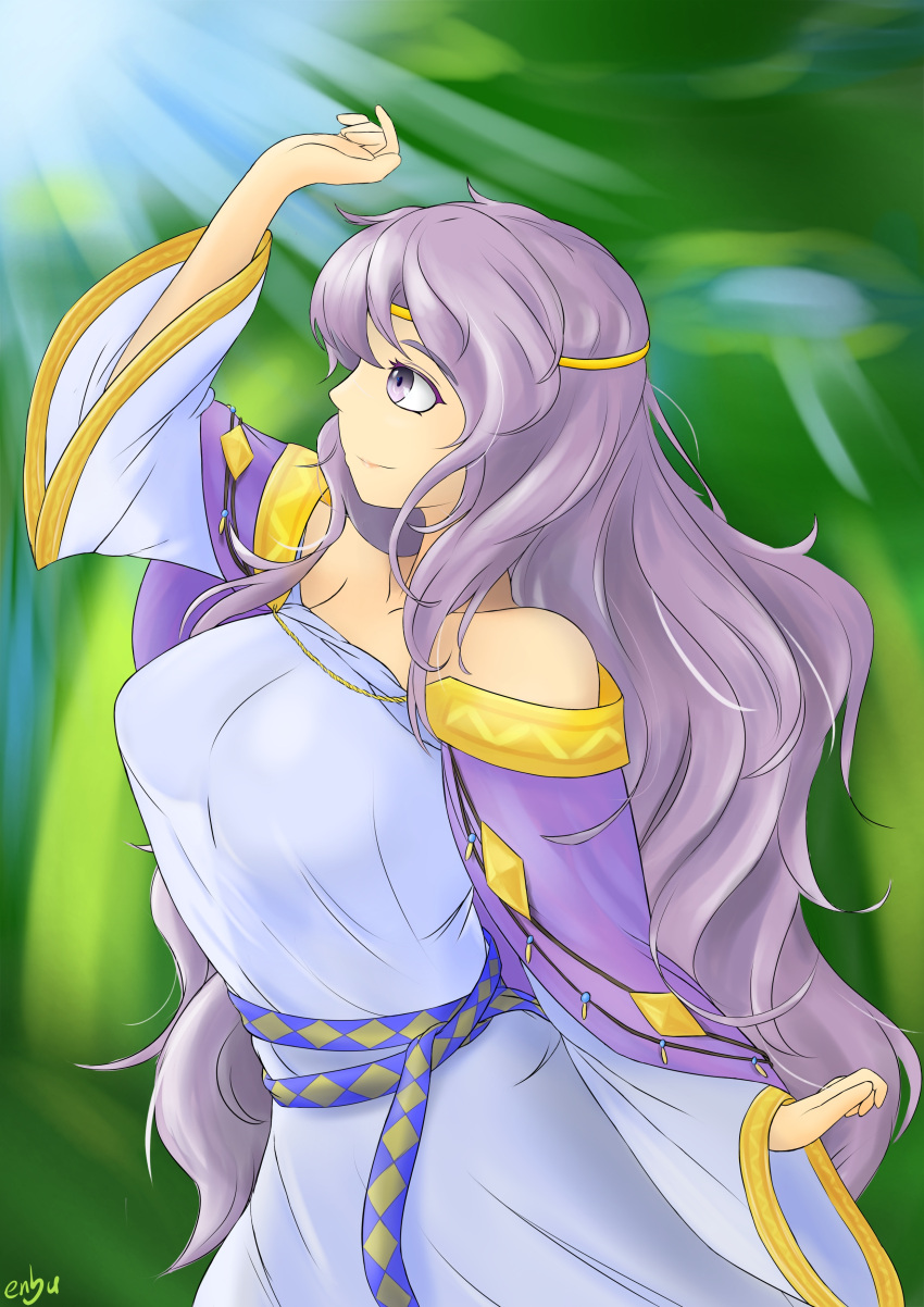 1girls alternate_version_available bare_shoulders breasts collarbone deirdre_(fire_emblem) dress enbu female female_only fire_emblem fire_emblem:_genealogy_of_the_holy_war large_breasts long_hair long_sleeves looking_up nintendo off_shoulder outdoors purple_eyes purple_hair shoulders smile solo standing sunlight very_long_hair wide_sleeves