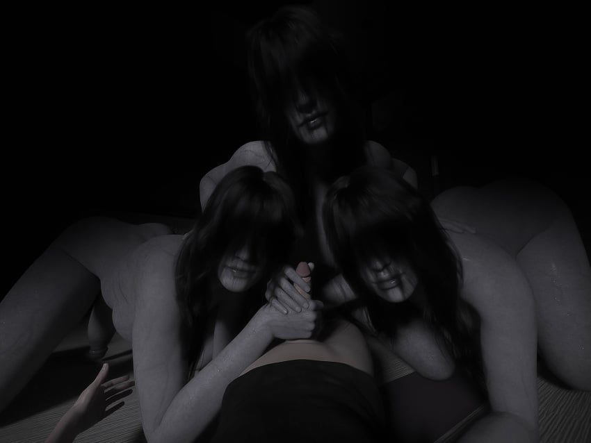 1boy 1futa 2girls 3d black_hair daz_studio female futanari ghost grey_skin hair_over_eyes handjob horror long_hair looking_at_viewer male misuzalha3d onryo original pale_skin penis pov render self_upload the_onryo_(misuzalha3d)