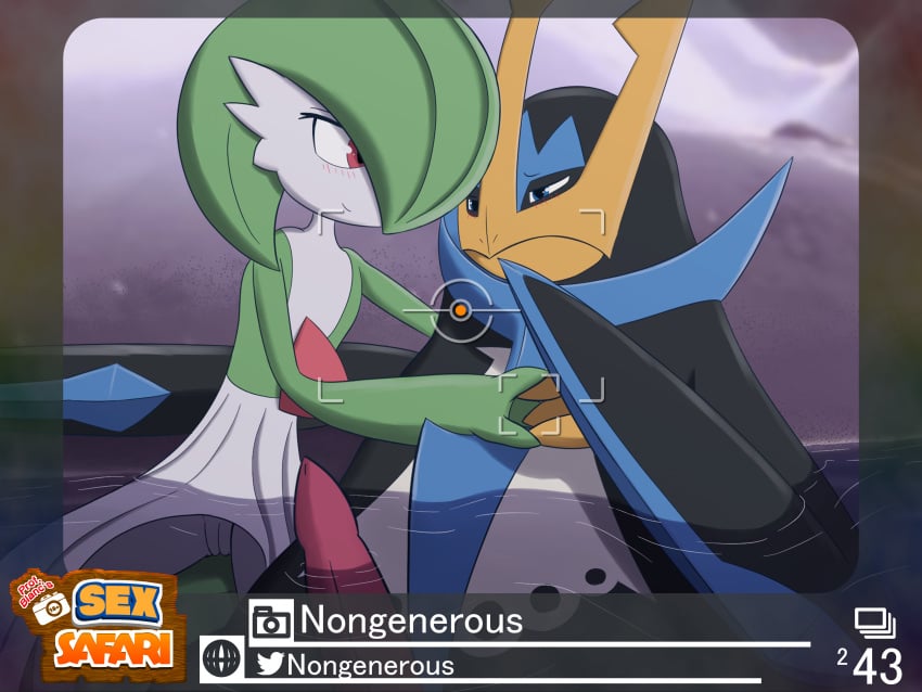 2022 absurd_res anthro black_body blue_body blue_eyes blush duo empoleon english_text erection eye_contact female gardevoir generation_3_pokemon generation_4_pokemon genitals green_body hand_holding hi_res interspecies logo looking_at_another looking_at_partner male male/female new_pokemon_snap nintendo nongenerous partially_submerged penis photo picture_frame pokemon pokemon_(species) pussy red_eyes smile text video_games water white_body