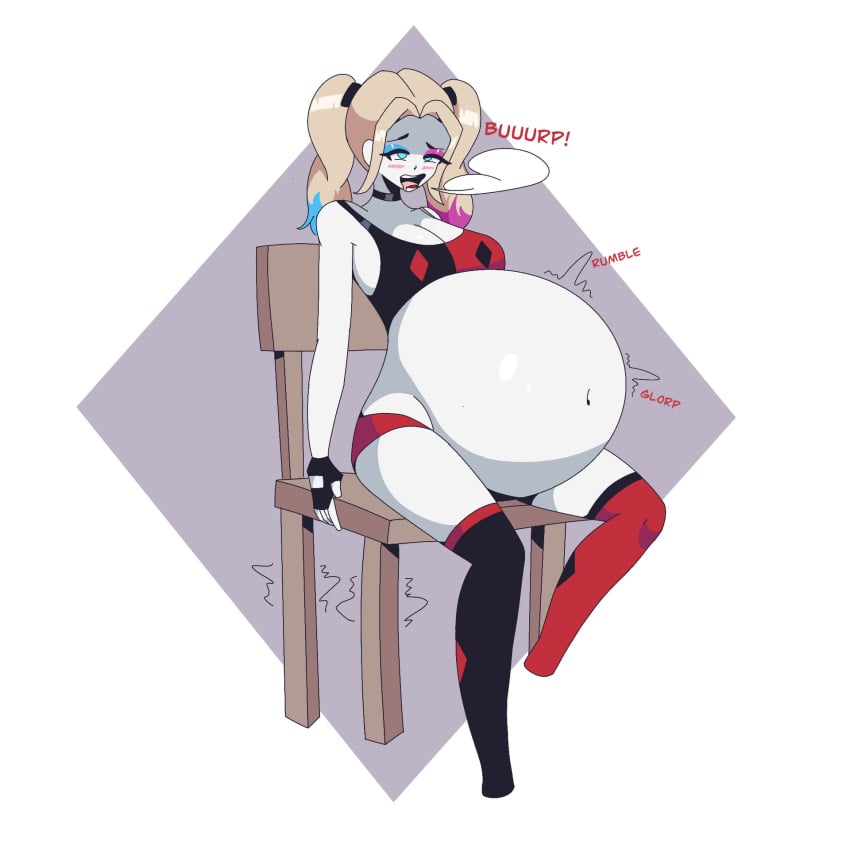 1girls batman_(series) belly big_belly big_breasts bloated bloated_belly bloatedtum4life breasts burp burping cleavage dc dc_comics female female_only harley_quinn solo stuffed stuffed_belly stuffing