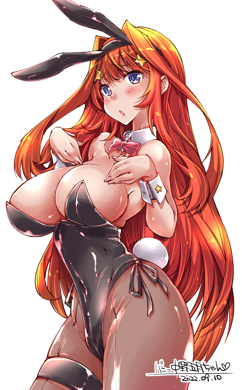 2022 black_pantyhose blue_eyes blush bunny_ears bunny_girl bunny_tail bunnysuit cleavage dated female_only go-toubun_no_hanayome large_breasts looking_at_viewer nakano_itsuki pantyhose red_hair solo solo_focus star_(symbol) thick_thighs thigh_strap thighs white_background wide_hips wrist_cuffs yazawa_mana