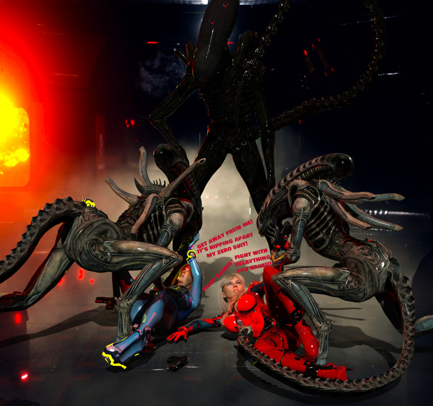 3d agent_26 blonde_hair blue_eyes female fight fighting gun male metroid penis samus_aran scared that3dartist xenomorph