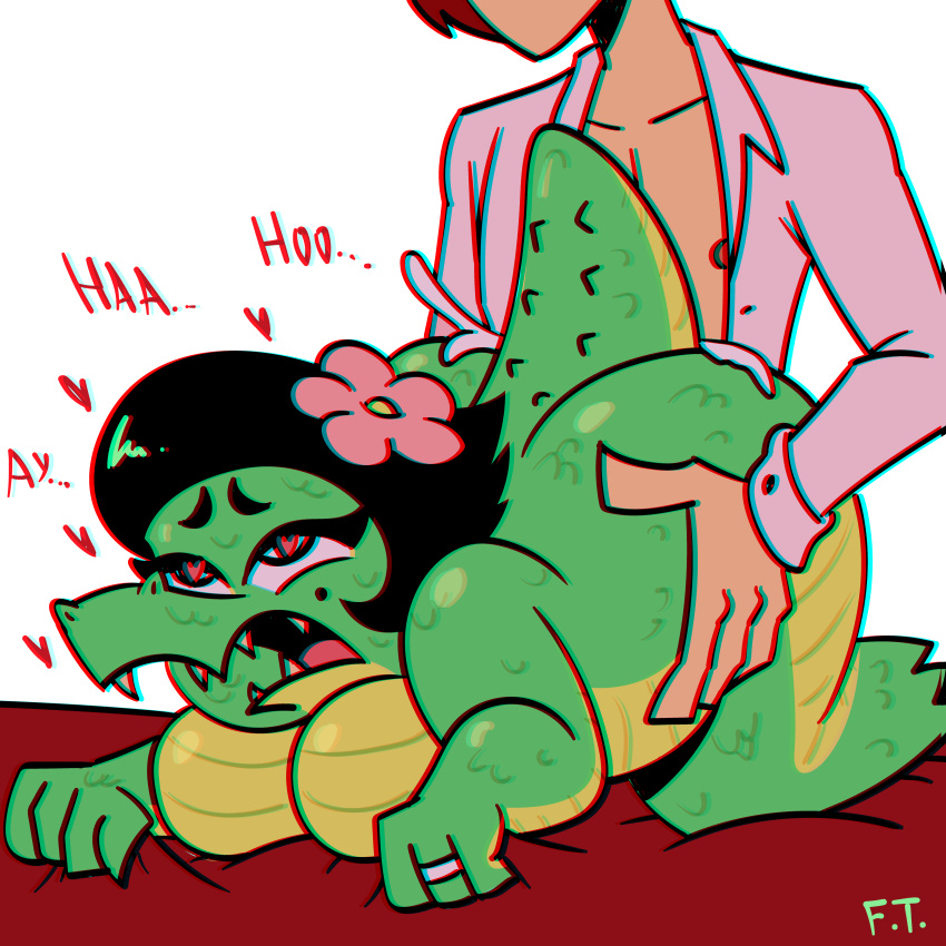 1boy 1boy1girl 1girls anthro bed big_ass big_breasts black_hair chubby chubby_female color crocodile crocodilian cum cum_inside doggy_style doomverse dulcinee_(doomverse) excessive_cum fangs felestrist female flower flower_in_hair grabbing grabbing_from_behind grabbing_sheets green_skin hair heart heart-shaped_pupils hi_res human human_on_anthro human_penetrating jerry_(doomverse) lying_on_bed male male/female moan moaning netorare open_mouth pseudo_hair red_hair reptile reptile_humanoid reptilian ring scalie sex sex_from_behind straight tail text tongue