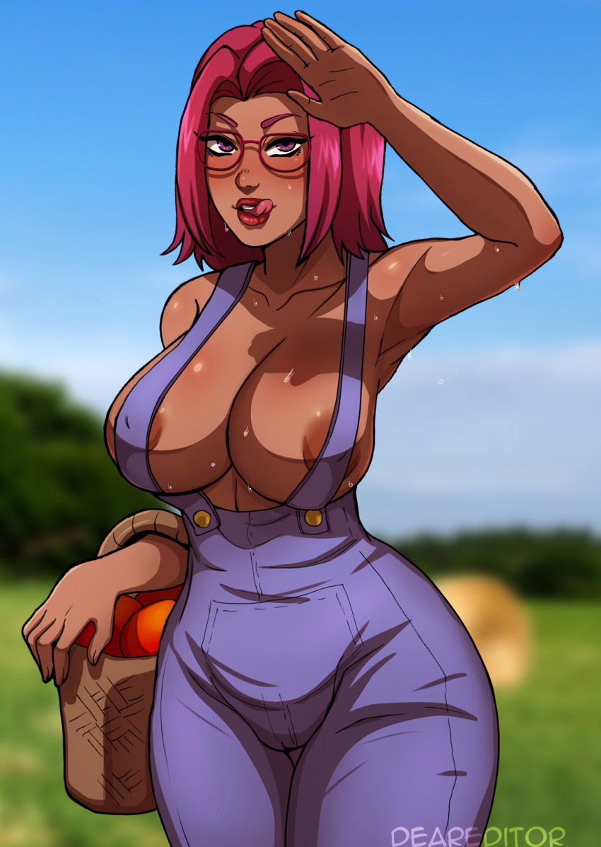 1girls areola_slip areolae armpits artist_name basket big_breasts blush breasts burgundy_hair cameltoe clothed clothed_female collarbone dark-skinned_female dark_skin deareditor eyelashes farm farmer farmgirl female glasses hips licking licking_lips lips lipstick maru_(stardew_valley) nipple_bulge no_bra outdoors overalls purple_eyes standing stardew_valley sweat sweatdrop sweating thick_thighs thighs tongue tongue_out wide_hips