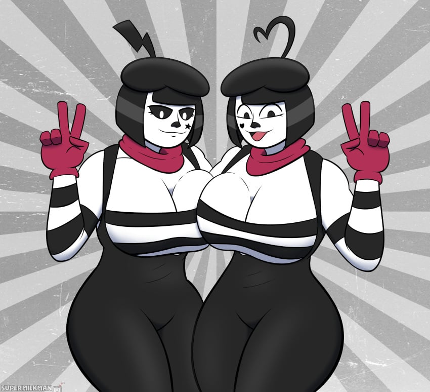 2girls :3 alternate_version_at_source alternate_version_available big_breasts black_hair bonbon_(derpixon) chuchu_(derpixon) cleavage fanart female_focus female_only mime mime_and_dash mime_girl self_upload short_hair supermilkman thick_thighs twins wide_hips