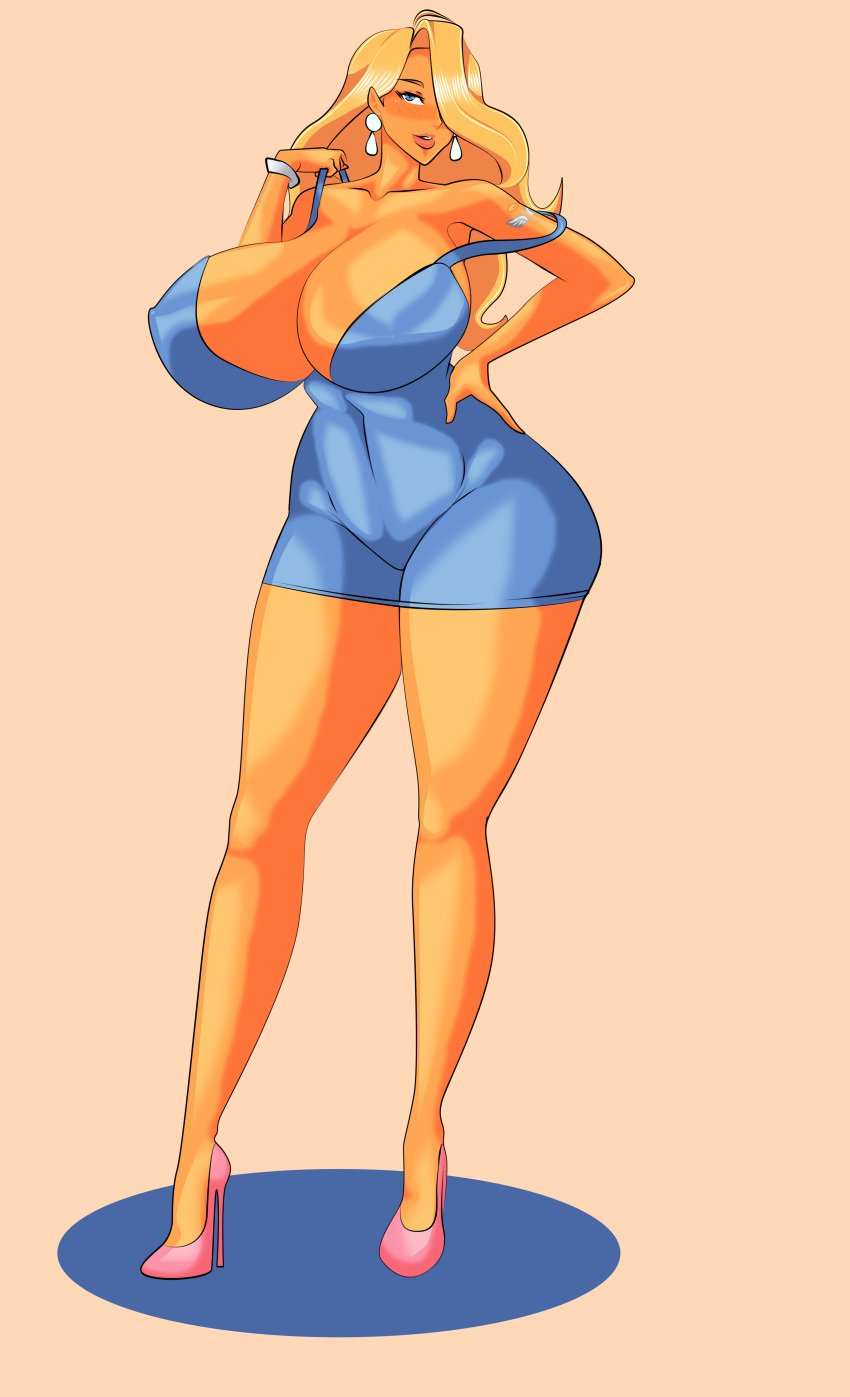 big_breasts bimbo blonde_hair blue_dress blue_eyes breast_bigger_than_head cleavage curvy curvy_body curvy_female curvy_figure daphne_(babie_fluff) high_heels huge_breasts lipstick solo solo_female supernova_(artist) tan_skin thick_thighs wavy_hair