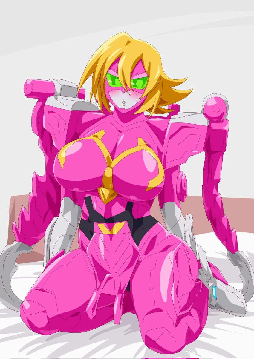 bent_over blonde_hair blush_stickers breasts colored_skin cum facial female green_eyes grey_background hat highres kikai_sentai_zenkaiger looking_at_viewer lying mechanical_wings on_bed otokam1117 otokamu pink_skin robot sheet_grab sitting super_sentai tokusatsu wings witch zenkai_magine