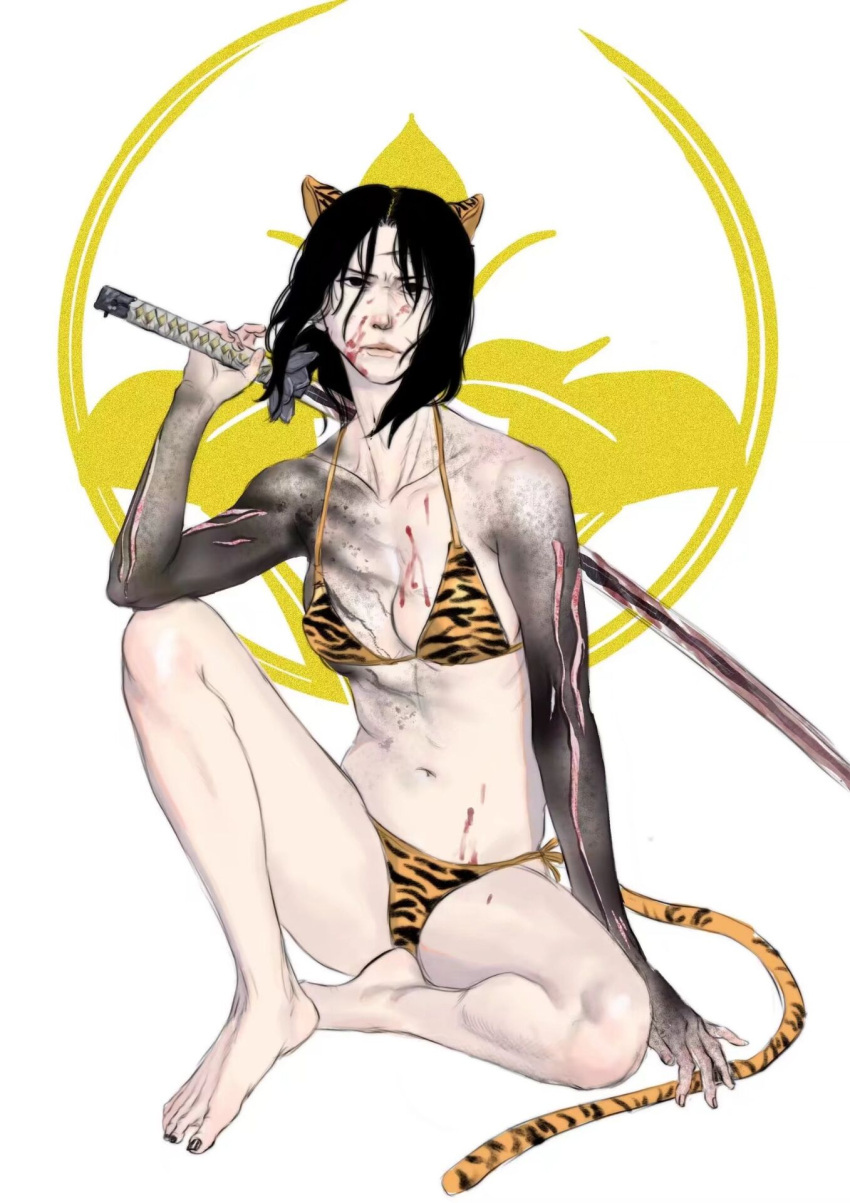 barefoot bikini black_eyes black_hair blood blood_on_face body_markings cleavage female female_only fromsoftware full_body genderswap_(mtf) genichiro_ashina juicyporkchop katana medium_hair rule_63 scars sekiro:_shadows_die_twice side-tie_bikini sitting solo sword tiger_ears tiger_print tiger_print_bikini tiger_tail weapon year_of_the_tiger