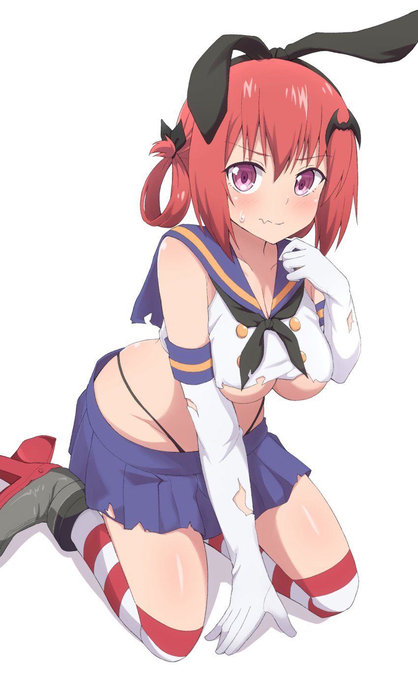 bat_hair_ornament black_neckerchief black_panties blue_skirt blush breasts cosplay crop_top elbow_gloves embarrassed female gabriel_dropout gloves hair_between_eyes hair_ornament hair_rings high_heels highleg highleg_panties highres kantai_collection kneeling kurumizawa_satanichia_mcdowell large_breasts long_hair looking_at_viewer miniskirt neckerchief no_bra nyaroon panties pleated_skirt purple_eyes red_hair red_sailor_collar sailor_collar satanichia_kurumizawa_mcdowell school_uniform shimakaze_(kantai_collection) shimakaze_(kantai_collection)_(cosplay) shirt simple_background skin_fang skirt sleeveless sleeveless_shirt solo string_panties striped striped_thighhighs sweatdrop thighhighs torn_clothes torn_gloves torn_shirt torn_skirt underboob underwear white_background white_gloves white_shirt