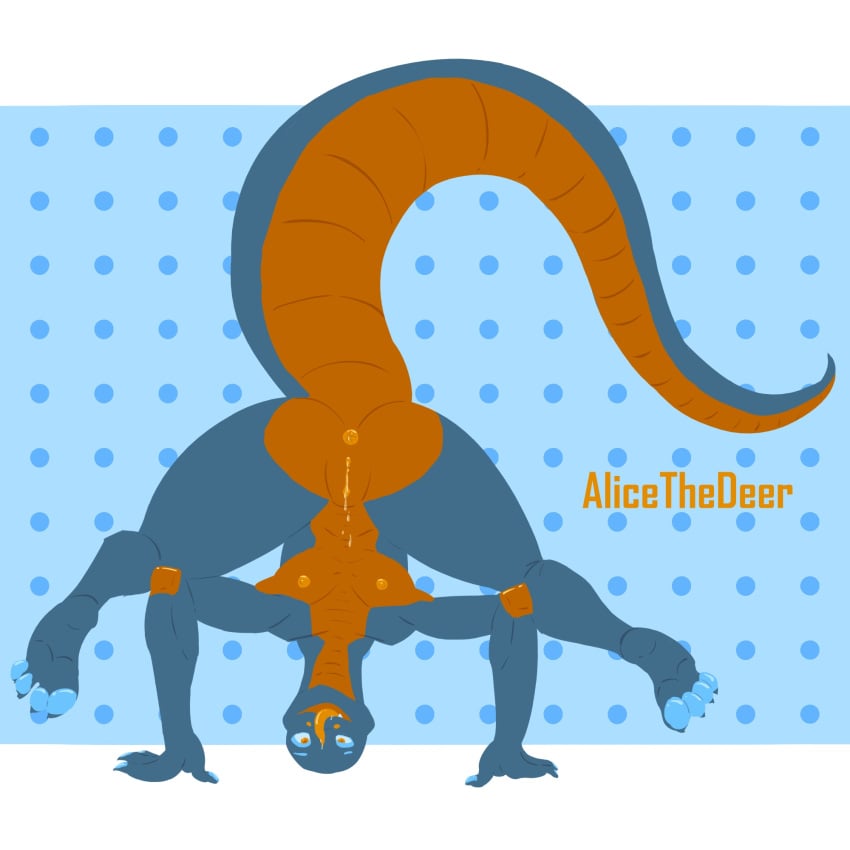 alicethedeer anthro ass big_butt blue_body blue_skin bodily_fluids breasts digital_media_(artwork) feet female genital_fluids genitals headstand hi_res nipples nude open_mouth orange_body orange_eyes orange_skin pussy reptile scalie simple_background smile solo solo_focus thick_thighs tongue