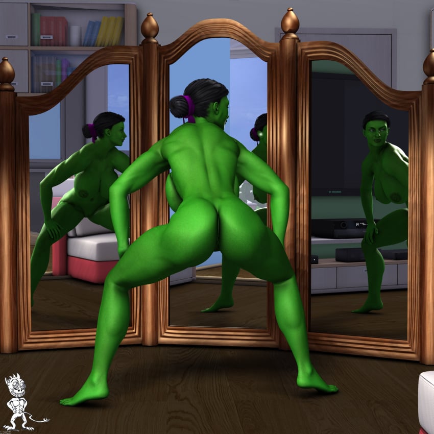 1girls 3d 3d_(artwork) areolae artist_logo ass big_ass big_breasts big_butt black_hair breasts chup@cabra female female_only green_skin hair_bun hair_tie huge_breasts hulk_(series) large_breasts looking_back marvel marvel_comics mirror mirror_reflection nipples nude nude_female she-hulk solo tagme twerking