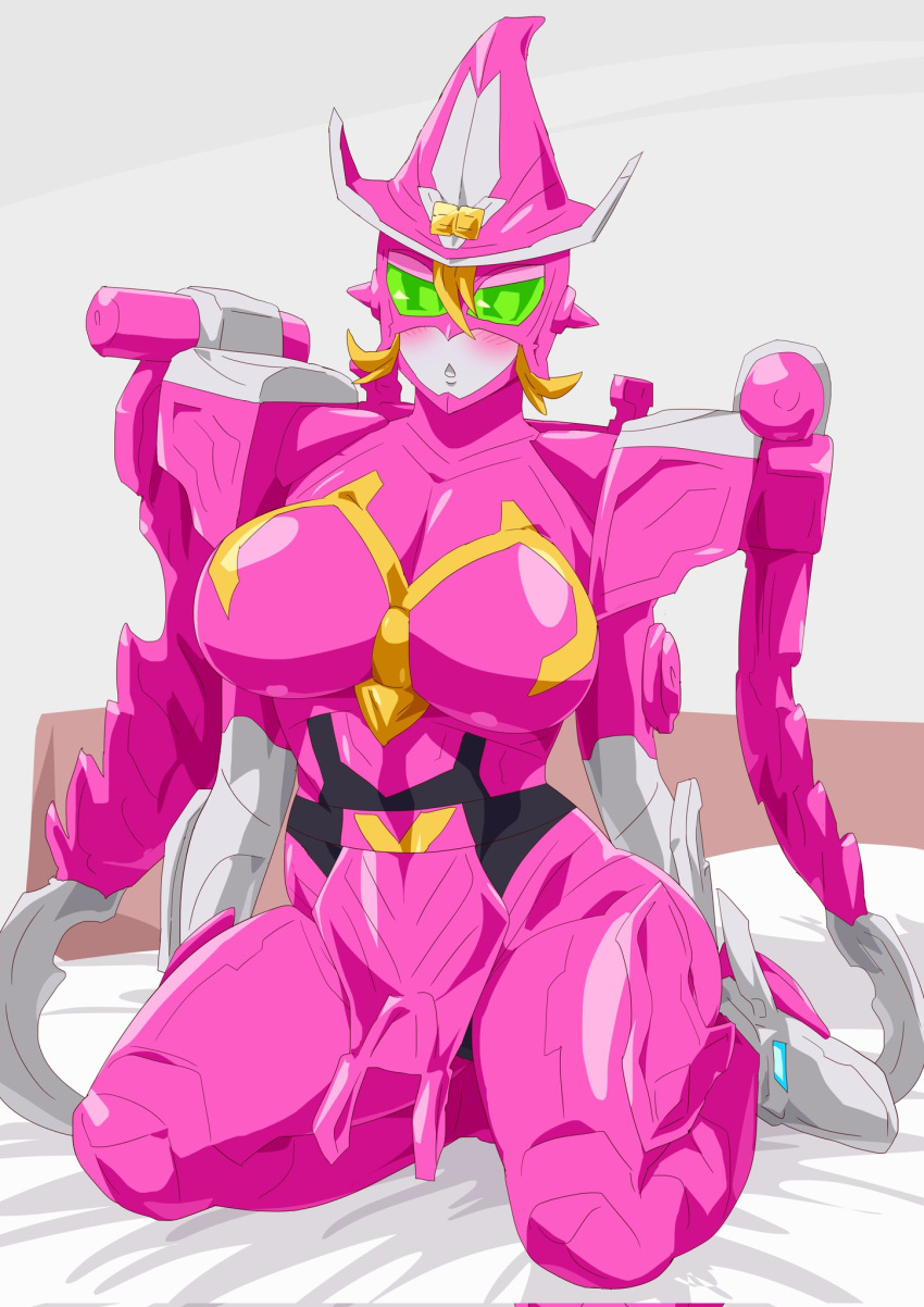 bent_over blonde_hair blush_stickers breasts colored_skin cum facial female green_eyes grey_background hat highres kikai_sentai_zenkaiger looking_at_viewer lying magine mechanical_wings on_bed otokam1117 otokamu pink_skin robot sheet_grab sitting super_sentai tokusatsu wings witch witch_hat zenkai_magine