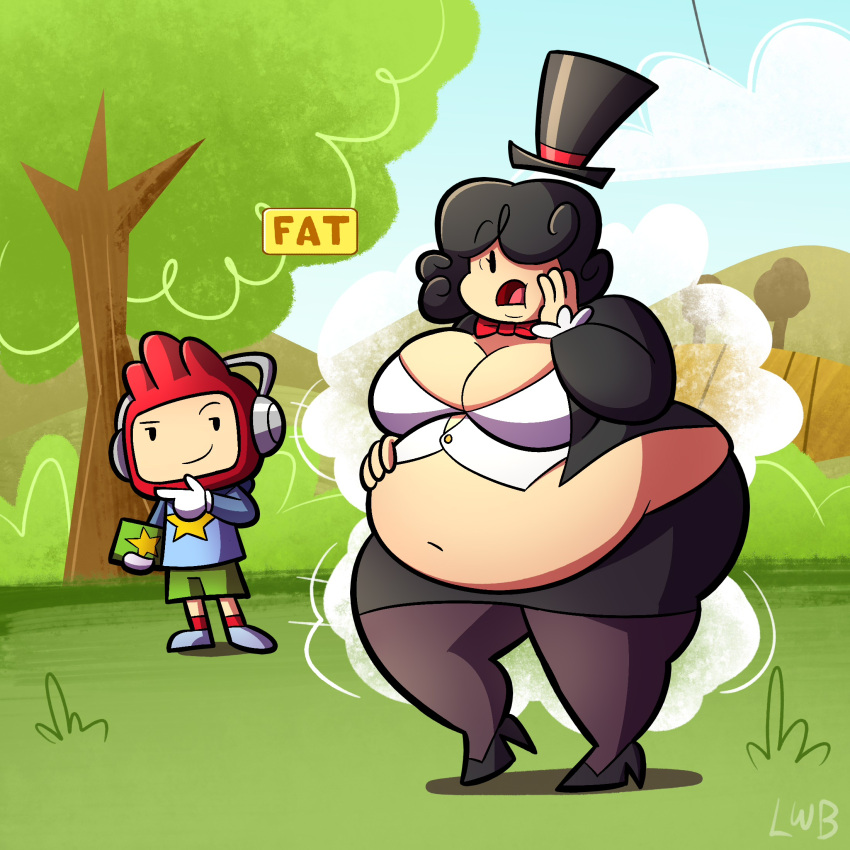 1boy belly big_belly black_hair breasts buisness_suit female heels lolwutburger lost_media lwbafterdark male maxwell_(scribblenauts) mindy_(scribblenauts_fighting_words) notebook overweight overweight_female pantyhose scribblenauts top_hat weight_gain