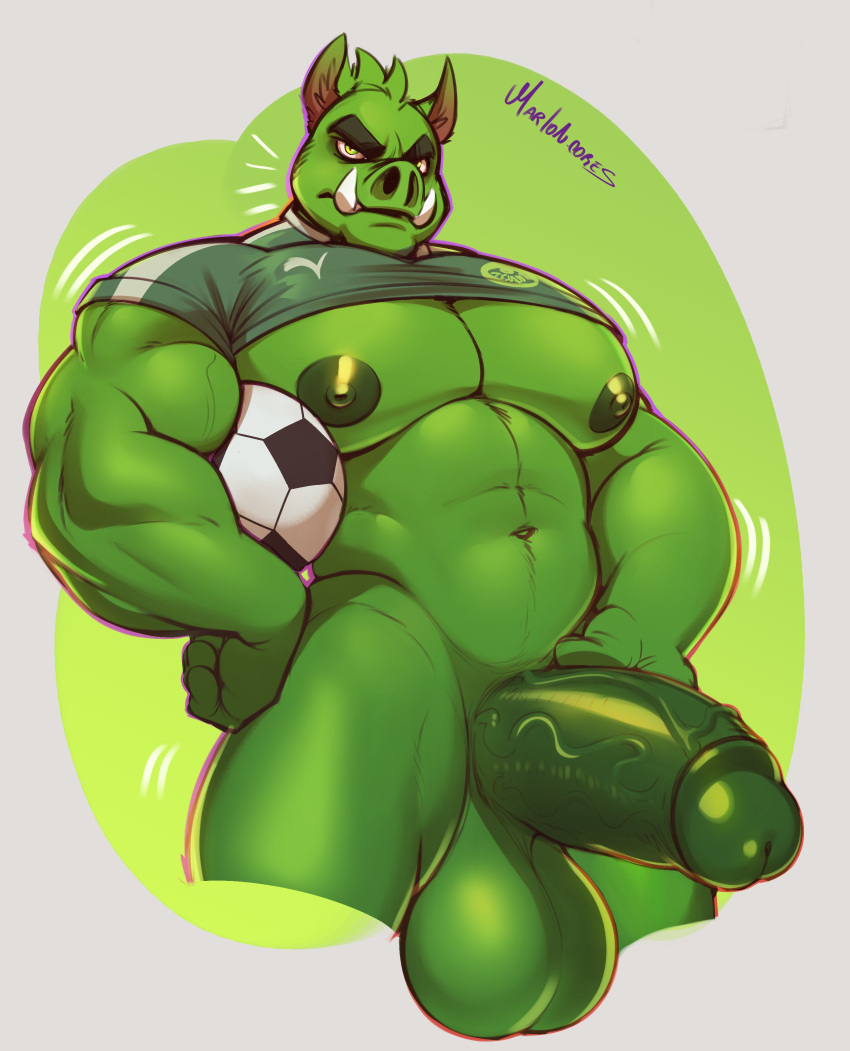 absurd_res ball balls football_(ball) football_team_mascot football_uniform fur genitals green_body green_fur hi_res male male_only mammal marlon.cores mascot muscular muscular_male nipples no_humans original original_character palmeiras penis porco_gobbato simple_background solo suid suina sus_(pig) vein veiny_penis wild_boar