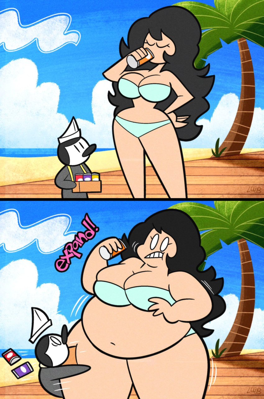 beach big_belly bikini black_hair breasts female lolwutburger lwbafterdark overweight overweight_female palm_tree penguin soda weight_gain