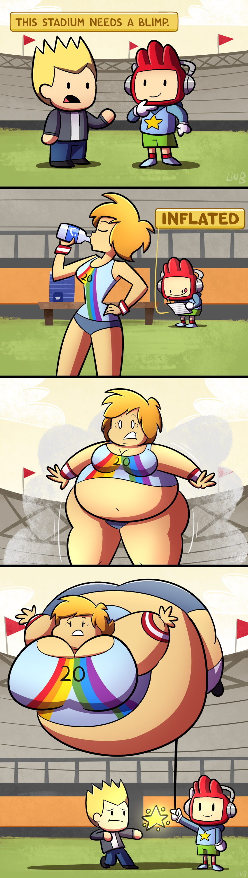 1girls 2boys athletic_female big_belly big_breasts bottle breasts comic comic_strip concerned inflation lolwutburger lwbafterdark maxwell_(scribblenauts) notebook orange_hair pencil scribblenauts spiky_hair sportswear stadium yellow_hair