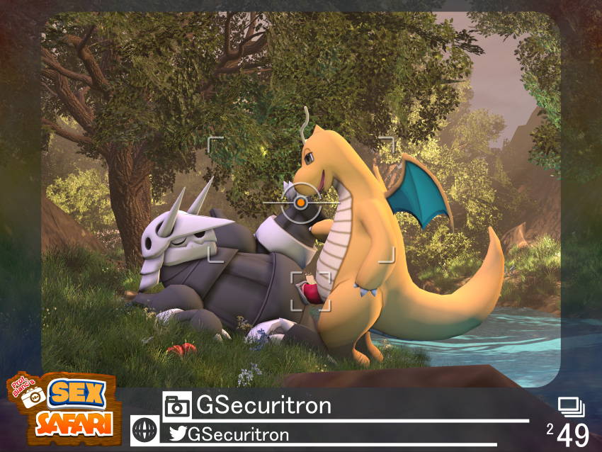 2022 absurd_res aggron closed_eyes dragon dragonite duo female feral forest from_front_position generation_1_pokemon generation_3_pokemon genitals glitched_securitron grass green_eyes half-closed_eyes hi_res interspecies leg_grab lying male male/female missionary_position narrowed_eyes nature new_pokemon_snap nintendo on_back outside outside_sex penetration penile penile_penetration penis photo picture_frame plant pokemon pokemon_(species) pussy river sex tree vaginal_penetration vaginal_penetration video_games water wings