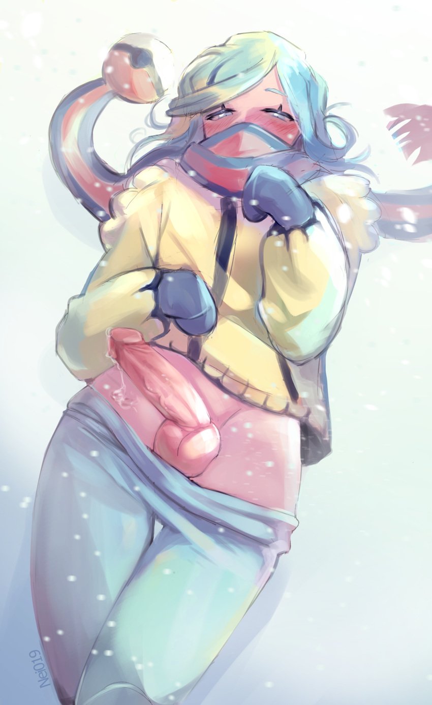 1boy balls big_penis blue_eyes blue_hair blue_pants erection femboy feminine_male fully_clothed girly grusha_(pokemon) long_hair male male_only nei019 pants pants_down penis pokemon pokemon_sv solo solo_male