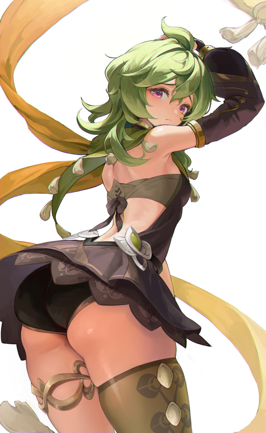 absurdres arm_up ass back backless_outfit bandeau black_dress black_panties capelet closed_mouth collei_(genshin_impact) cowboy_shot detached_sleeves dress female from_behind from_below genshin_impact green_capelet green_hair green_socks green_thighhighs highres long_sleeves looking_at_viewer looking_back medium_hair panties puffy_long_sleeves puffy_sleeves purple_eyes simple_background single_thighhigh socks tassel thigh_socks thighhighs thighlet thighs underwear virgin_killer_sweater wellsy white_background