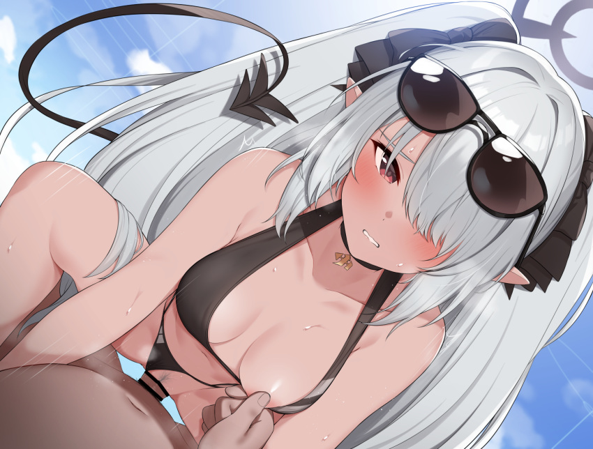 1boy bar_censor bare_arms bare_shoulders bikini black_bikini blue_archive blue_sky breasts censored clenched_teeth cloud cowgirl_position dark-skinned_female dark_skin day demon_tail dutch_angle eyewear_on_head female gehenna_academy_student halo halterneck iori_(blue_archive) iori_(swimsuit)_(blue_archive) kunugi_miyaco long_hair motion_lines nipple_tweak outdoors parted_lips prefect_team_(blue_archive) pussy sex sky small_breasts solo_focus straddling straight sweat swimsuit tail teeth twintails vaginal_penetration white_hair