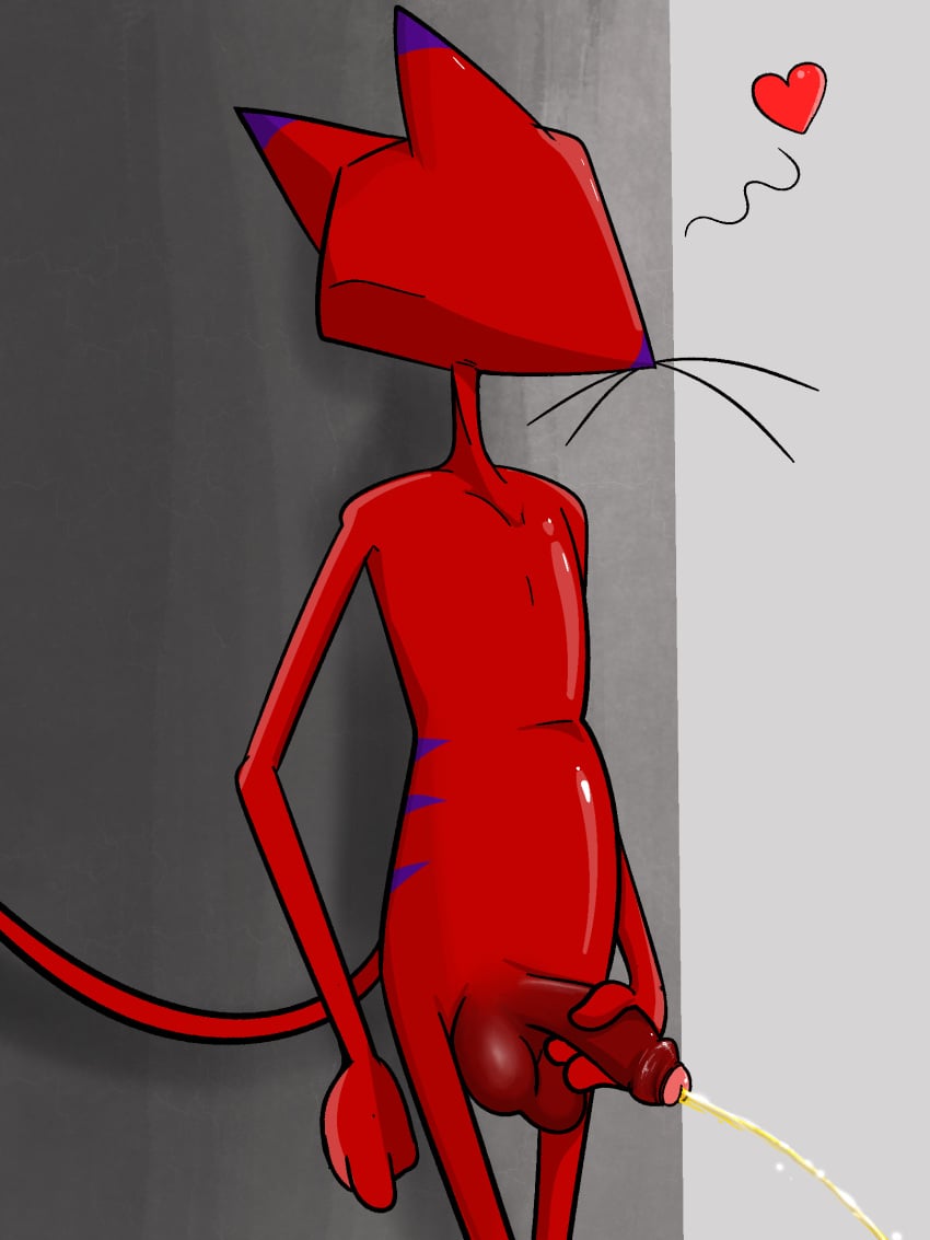 anthro balls big_penis bodily_fluids cartoon_network courage_the_cowardly_dog domestic_cat felid feline felis foreskin genital_fluids genitals heart hi_res holding_penis illegaleel katz_(courage_the_cowardly_dog) looking_away male mammal peeing penis solo urine urine_stream