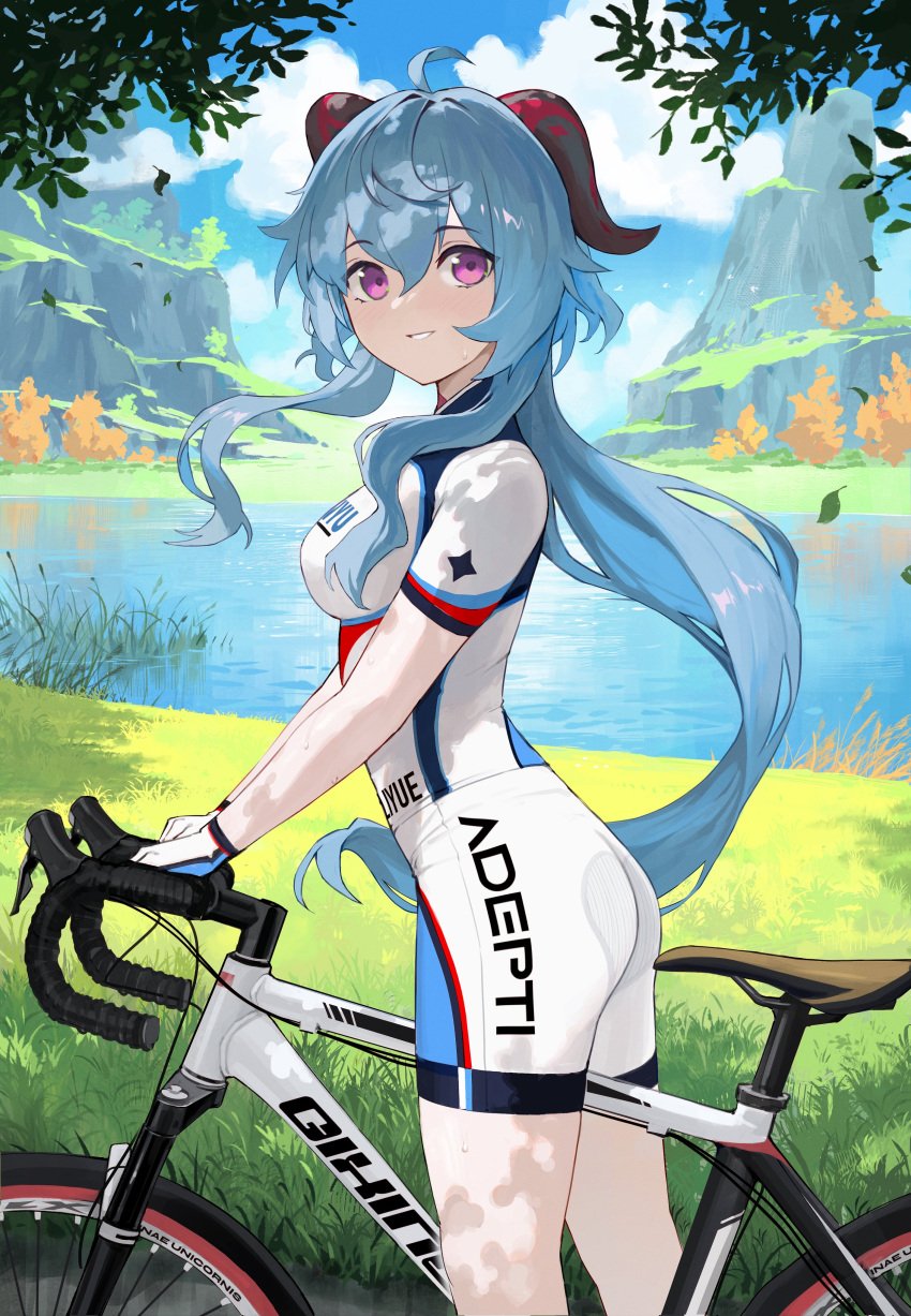 1girls ahoge aqua_hair arms ass bicycle breasts cyclist day excited female female_only ganyu_(genshin_impact) genshin_impact gloves grass highres horns lake legs light-skinned_female long_hair looking_at_viewer lycra outdoors outside ponytail purple_hair shorts sky smile solo sportswear standing sweatdrop thighs tight_clothing vertigris very_long_hair