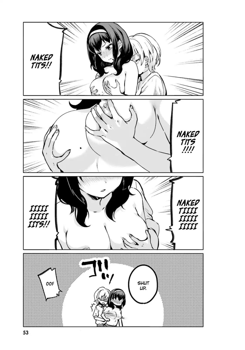 2girls big_breasts blush blushing comic english english_text female female_focus female_only groping groping_from_behind hands_on_breasts harumi_hana ichihara_chiaki lesbian multiple_girls nipples official_art sekai_de_ichiban_oppai_ga_suki! speech_bubble topless topless_female white_background yuri