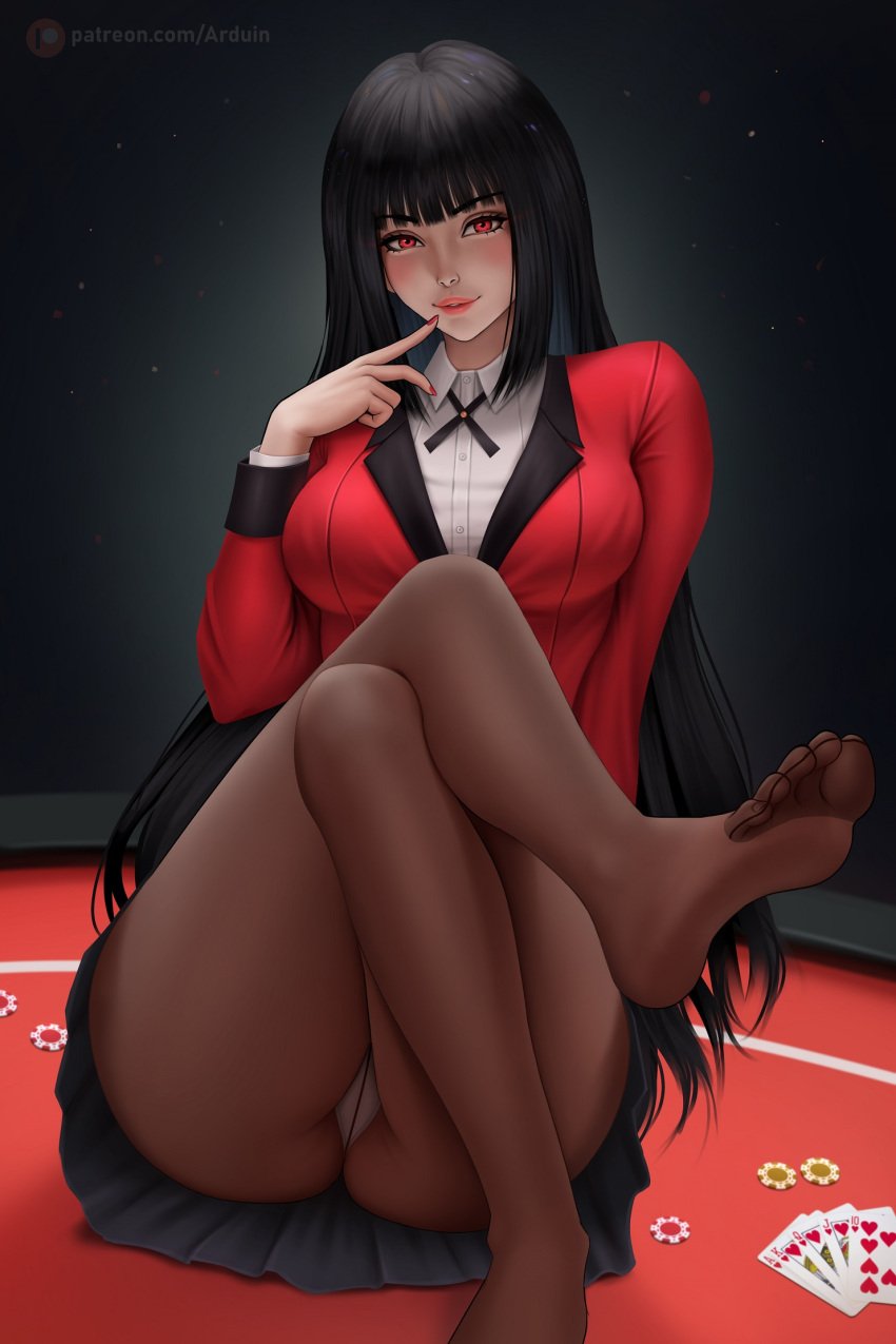 1girls arduina ass big_breasts black_hair black_legwear black_pantyhose blush calves clothed crossed_legs eyelashes feet feet_in_stockings female female_only finger_to_mouth highres jabami_yumeko jacket kakegurui legs legwear light-skinned_female lips lipstick long_hair looking_at_viewer nail_polish nails panties panties_visible_through_clothing pantyhose poker_table red_eyes red_jacket red_nails school_uniform seductive shirt sitting sitting_on_table skirt solo thick_thighs thighs uniform very_long_hair white_panties white_shirt