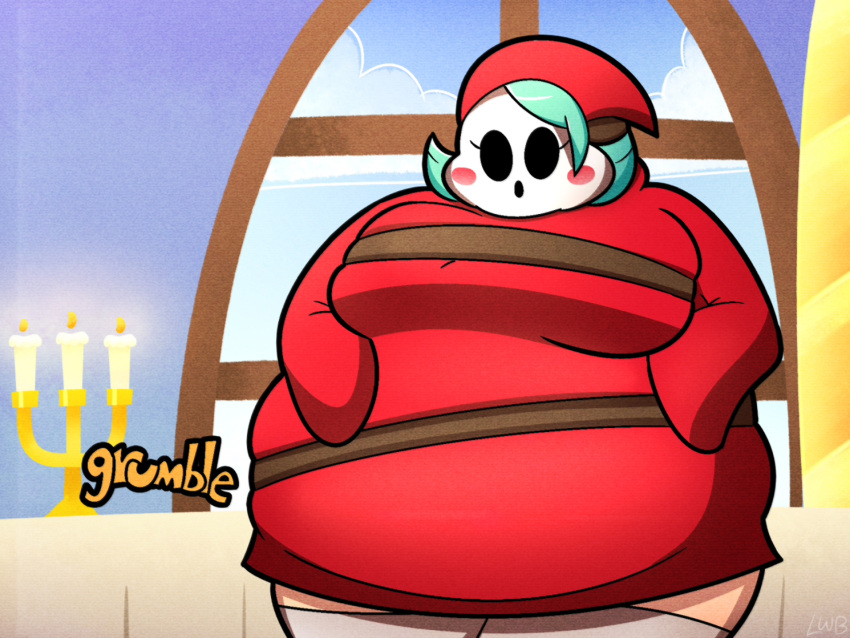 belt big_belly big_breasts blue_hair candelabra fat female female_only gourmet_guy hoodie lolwutburger long_sleeves lwbafterdark mario_(series) mask onomatopoeia overweight overweight_female paper_mario shy_gal stretched_belt window