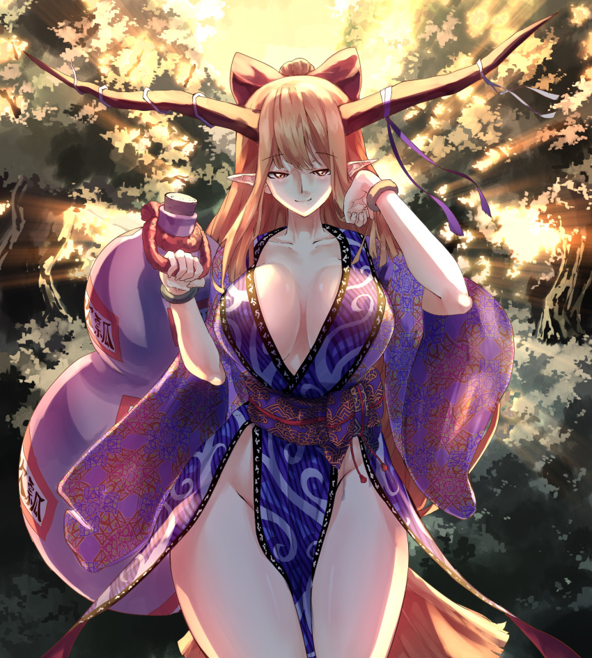 1girls 2_horns aged_up bangs bow bracelet breasts brown_horns cleavage closed_mouth cowboy_shot gourd groin hairbow holding horn_ornament horn_ribbon horns huge_horns ibuki_suika jewelry large_breasts long_hair looking_at_viewer oni orange_eyes orange_hair outdoors pointy_ears purple_ribbon red_bow ribbon short_sleeves smile solo standing suika_ibuki sunnysideup sunyup_(artist) thighs touhou white_ribbon wide_sleeves