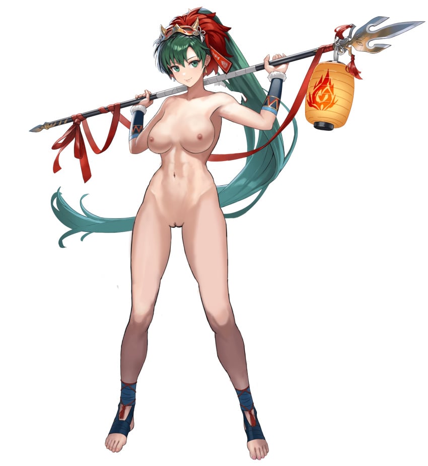 1girls alternate_version_available armpits bare_legs biggitybiggitybig breasts completely_nude edit female female_only fire_emblem fire_emblem:_the_blazing_blade fire_emblem_heroes green_eyes green_hair hairless_pussy headwear lamp large_breasts legs long_hair looking_at_viewer lyn_(fire_emblem) lyn_(flame)_(fire_emblem) mask nintendo nipples nude nude_female nude_filter ponytail pussy smile solo spear standing transparent_background very_long_hair weapon