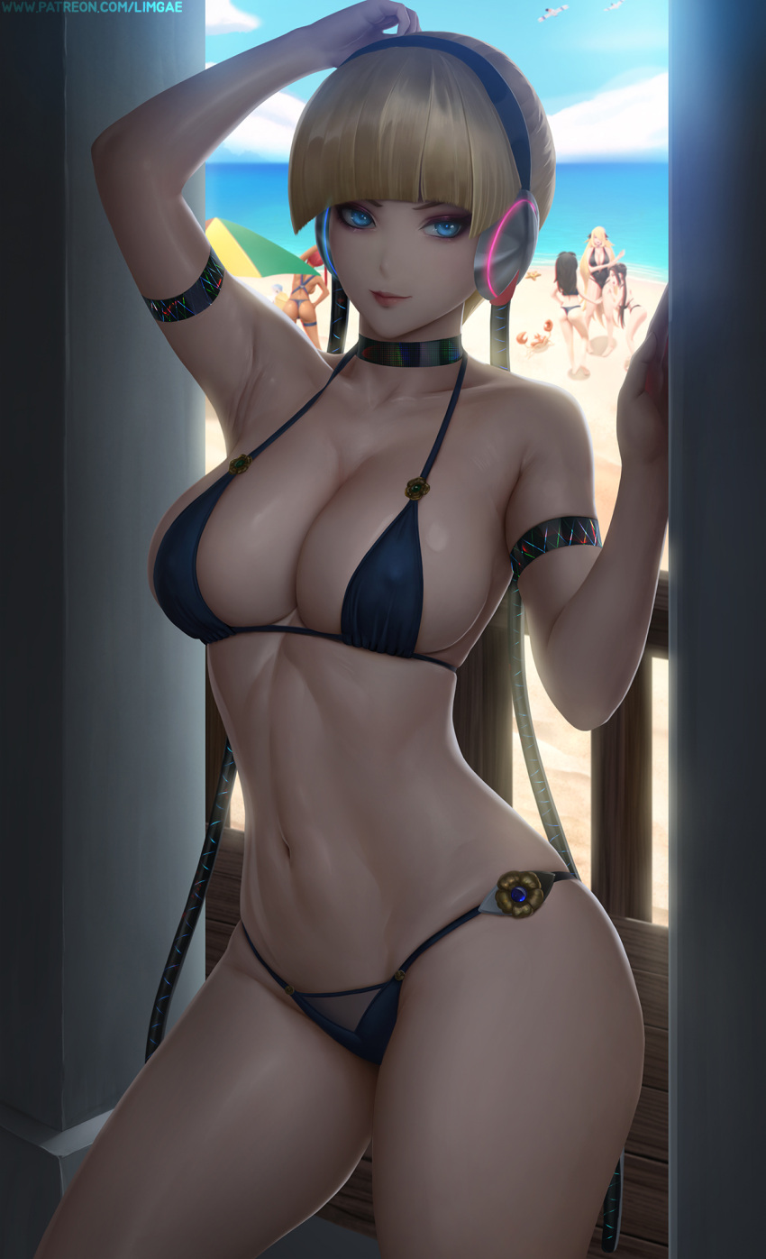 2020s 2022 armpits beach bikini black_bikini blonde_hair blue_eyes breasts character_in_background creatures_(company) cynthia_(pokemon) elesa_(pokemon) female female_only game_freak generation_1_pokemon generation_3_pokemon gym_leader headphones hilda_(pokemon) hips krabby large_breasts light-skinned_female light_skin limgae looking_at_viewer multiple_girls nintendo pelipper pokémon_(species) pokemon pokemon_(anime) pokemon_(game) pokemon_bw pokemon_bw2 pokemon_dppt pokemon_trainer rosa_(pokemon) skyla_(pokemon) slim_waist solo_focus staryu thighs wingull