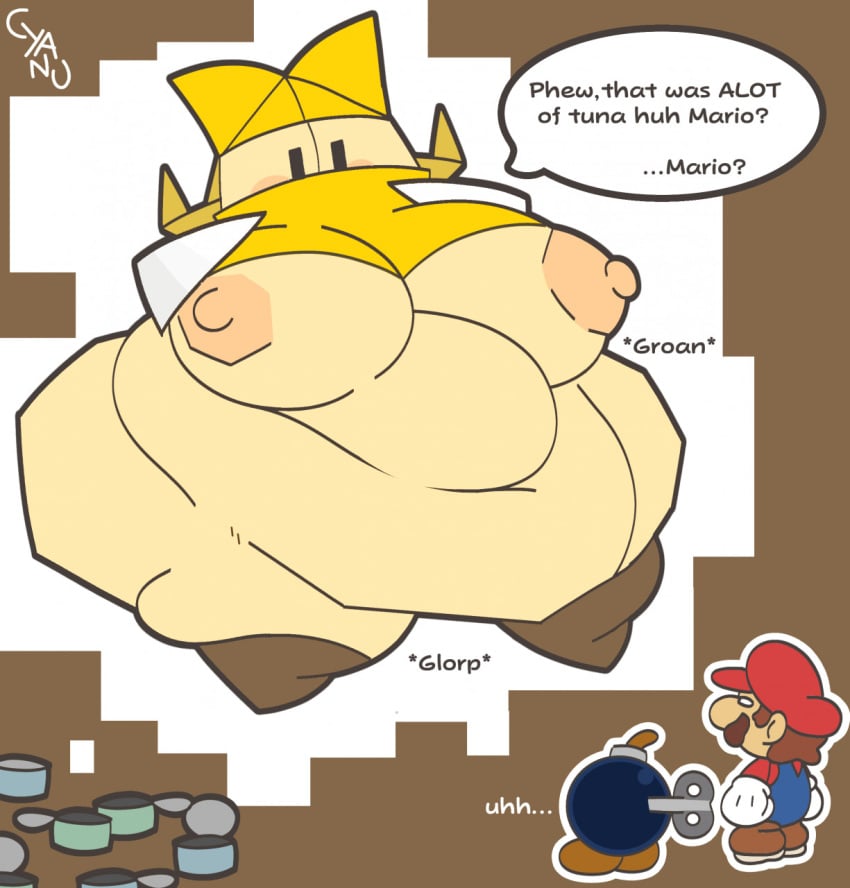 1girls big_breasts bobby_(paper_mario) cyanu fat fat_fetish mario mario_(series) olivia_(paper_mario) overweight overweight_female paper_mario paper_mario:_the_origami_king stomach_noises thick_thighs