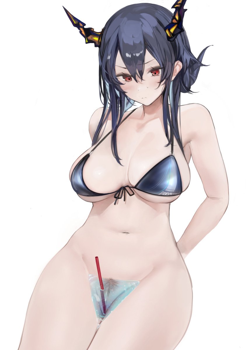 absurdres arknights bangs bare_shoulders bikini bikini_top_only black_bikini black_hair breasts ch'en_(arknights) ch'en_the_holungday_(arknights) cleavage collarbone cowboy_shot dragon_horns drinking_straw drinking_straw_in_pussy female female_pubic_hair folded_ponytail highres horns large_breasts long_hair looking_down navel neko_no_youchuu pubic_hair pussy red_eyes simple_background sitting solo stomach swimsuit uncensored v-shaped_eyebrows wakamezake white_background