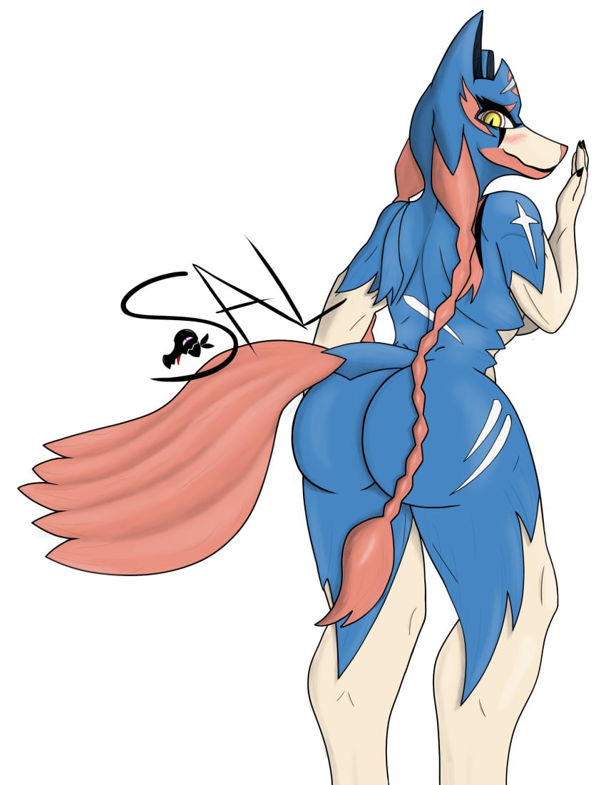 artist_signature ass big_ass blue_fur blush bubble_ass bubble_butt butt female furry hero_of_many_battles_zacian highres huge_ass huge_butt large_ass large_butt looking_at_viewer looking_back nintendo pink_hair pokemon round_ass round_butt salandile scar shy simple_background tail thick_ass white_background white_fur yellow_eyes zacian