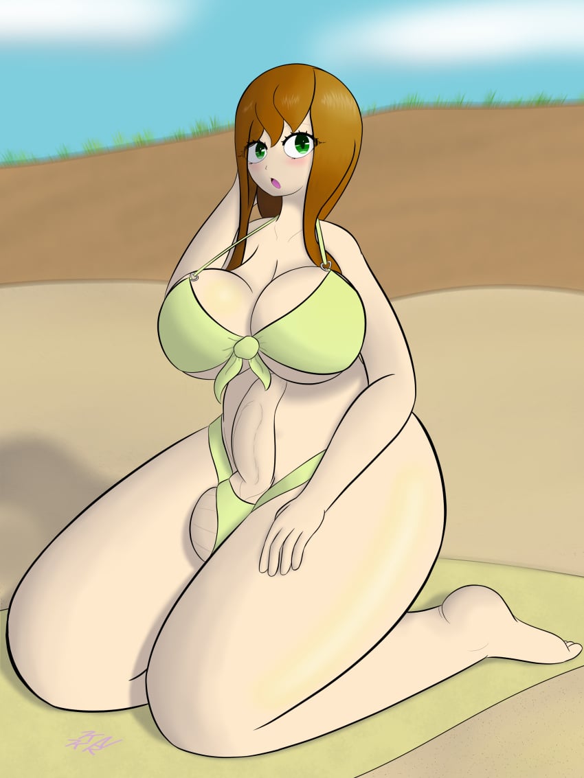 1futa balls beach big_balls big_breasts big_penis bikini blush breasts brown_hair clothed clothing dickgirl emma_lysimachia erection futa_only futanari green_eyes human intersex kinkaru kneeling light-skinned_futanari light_skin long_hair mostly_nude original penis self_upload solo thick_thighs wide_hips